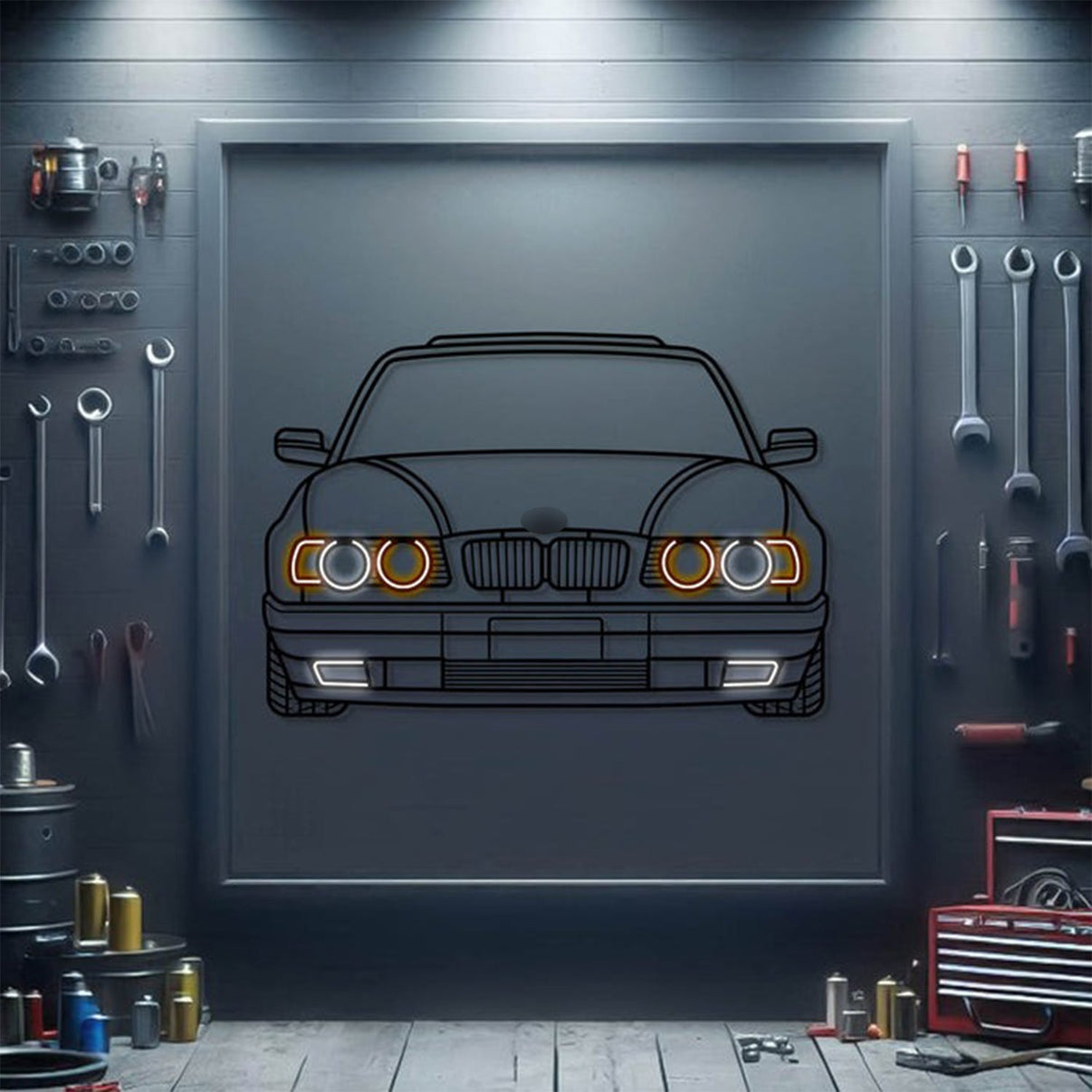 1994 BMW 530i front view metal neon car wall art – laser-cut steel décor for classic sedan enthusiasts