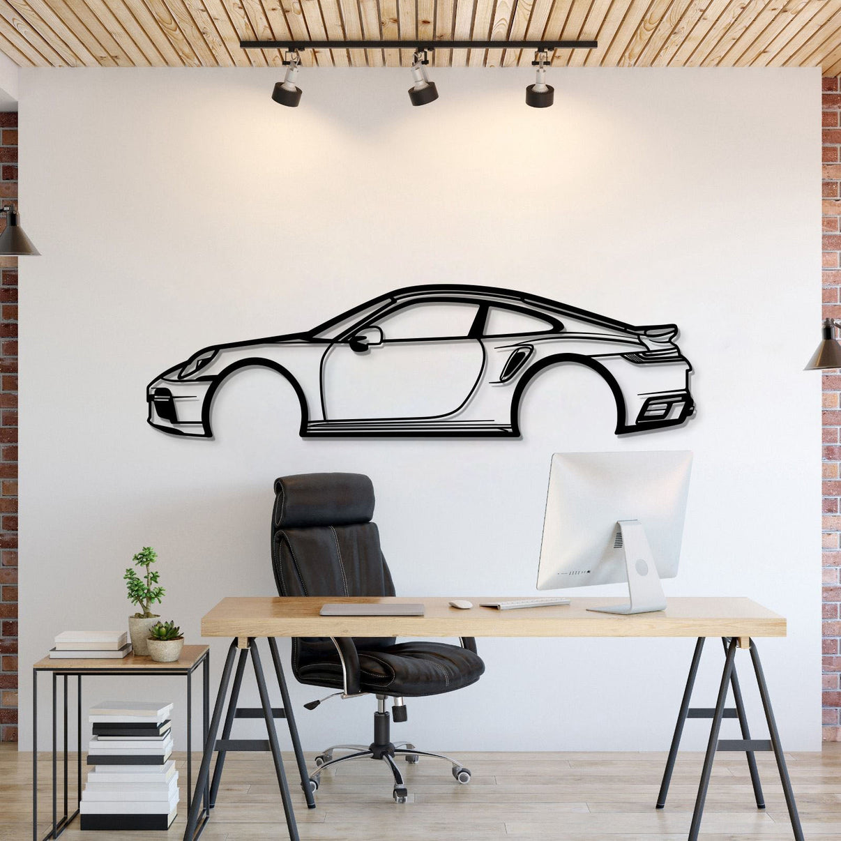 Metal car wall art featuring Porsche 911 Type 993 enhancing garage décor