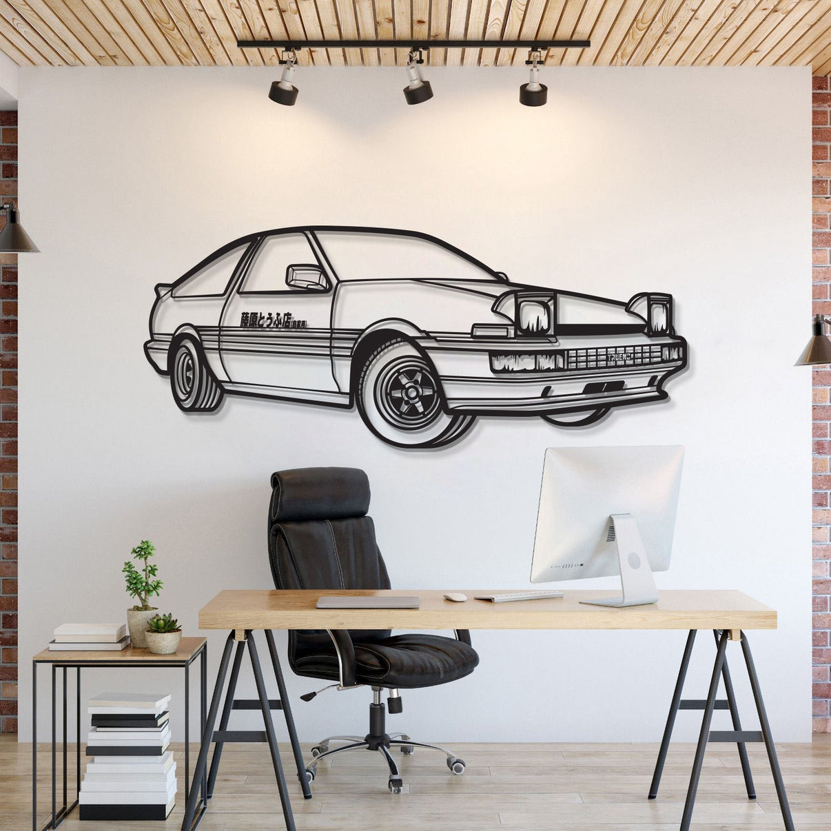 Toyota Corolla AE86 perspective metal wall art – iconic JDM silhouette décor for enthusiasts