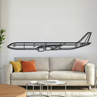 A340‑600 metal aircraft wall art in 2 mm laser‑cut steel with matte powder‑coated textured finish and 3D elevation screws