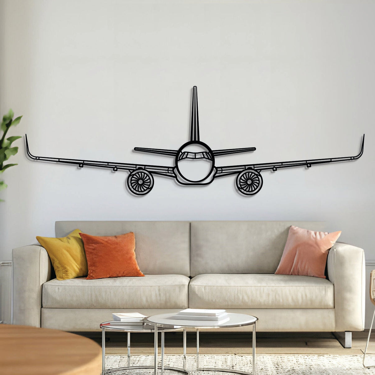 Airbus A321 front-profile silhouette — laser-cut matte black steel wall art with floating 3D effect