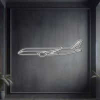 A350 metal neon aircraft wall art, laser-cut 2 mm steel with matte powder coat and 3D floating effect