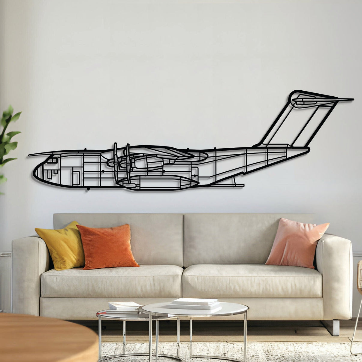 A400M Atlas metal aircraft wall art, laser-cut 2 mm steel with matte powder-coated finish