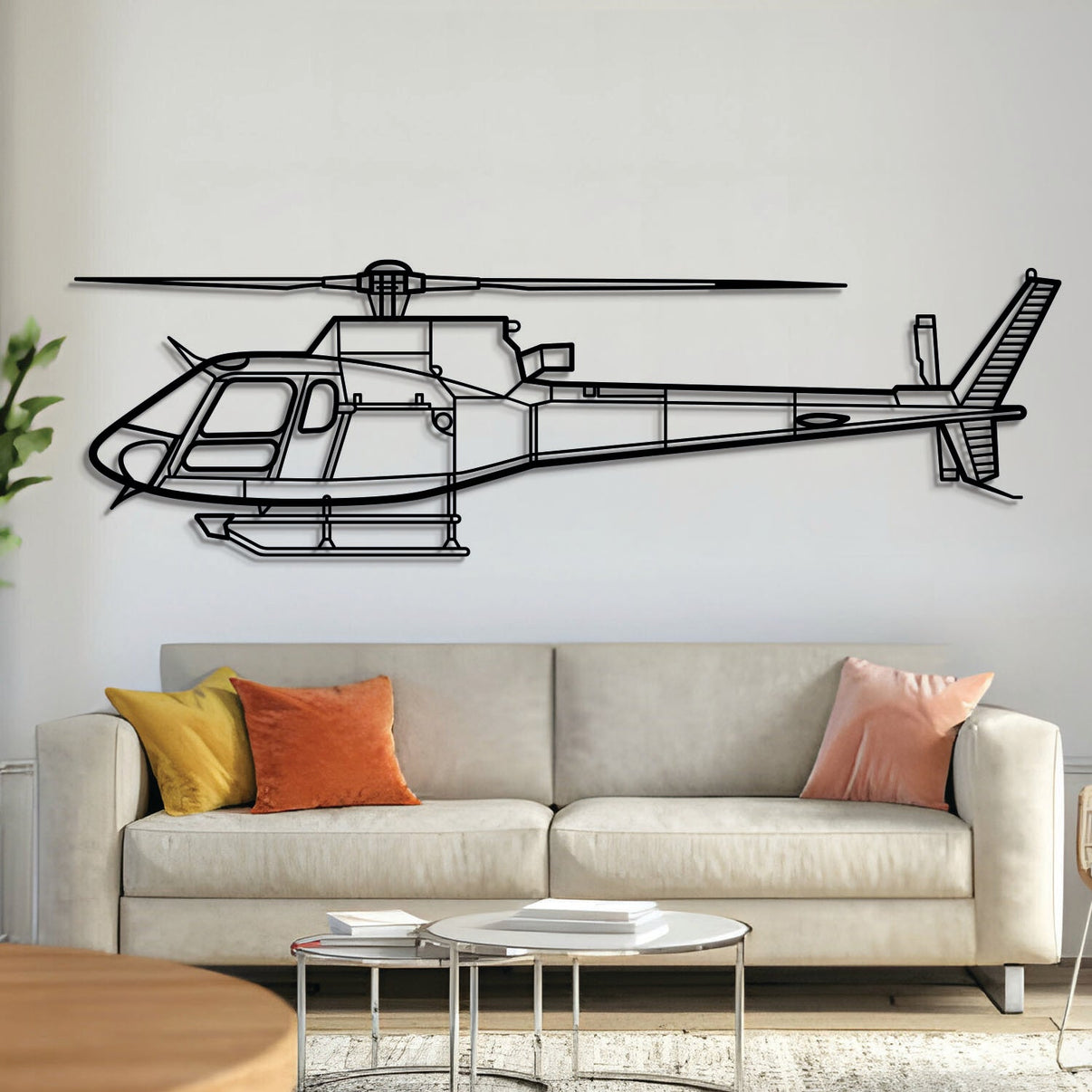 Airbus AS‑350 B3 single‑engine helicopter silhouette — laser‑cut black metal wall art with subtle floating effect