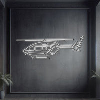 Airbus EC145 twin‑engine helicopter neon silhouette wall art, laser‑cut steel with glowing outline and dramatic 3D elevation