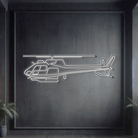 Airbus H125 light single‑engine helicopter neon silhouette wall art, laser‑cut steel with glowing neon outline and dramatic 3D elevation