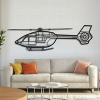 H145 helicopter metal wall art – laser-cut steel silhouette with matte textured finish and floating 3D effect