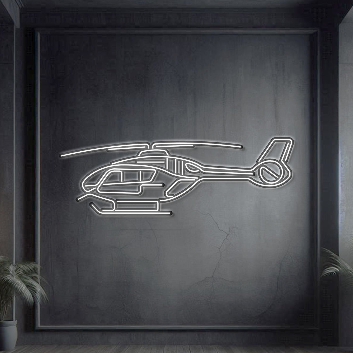 Airbus Juno HT1 RAF training helicopter neon silhouette wall art — laser-cut steel with glowing neon outline and bold 3D elevation