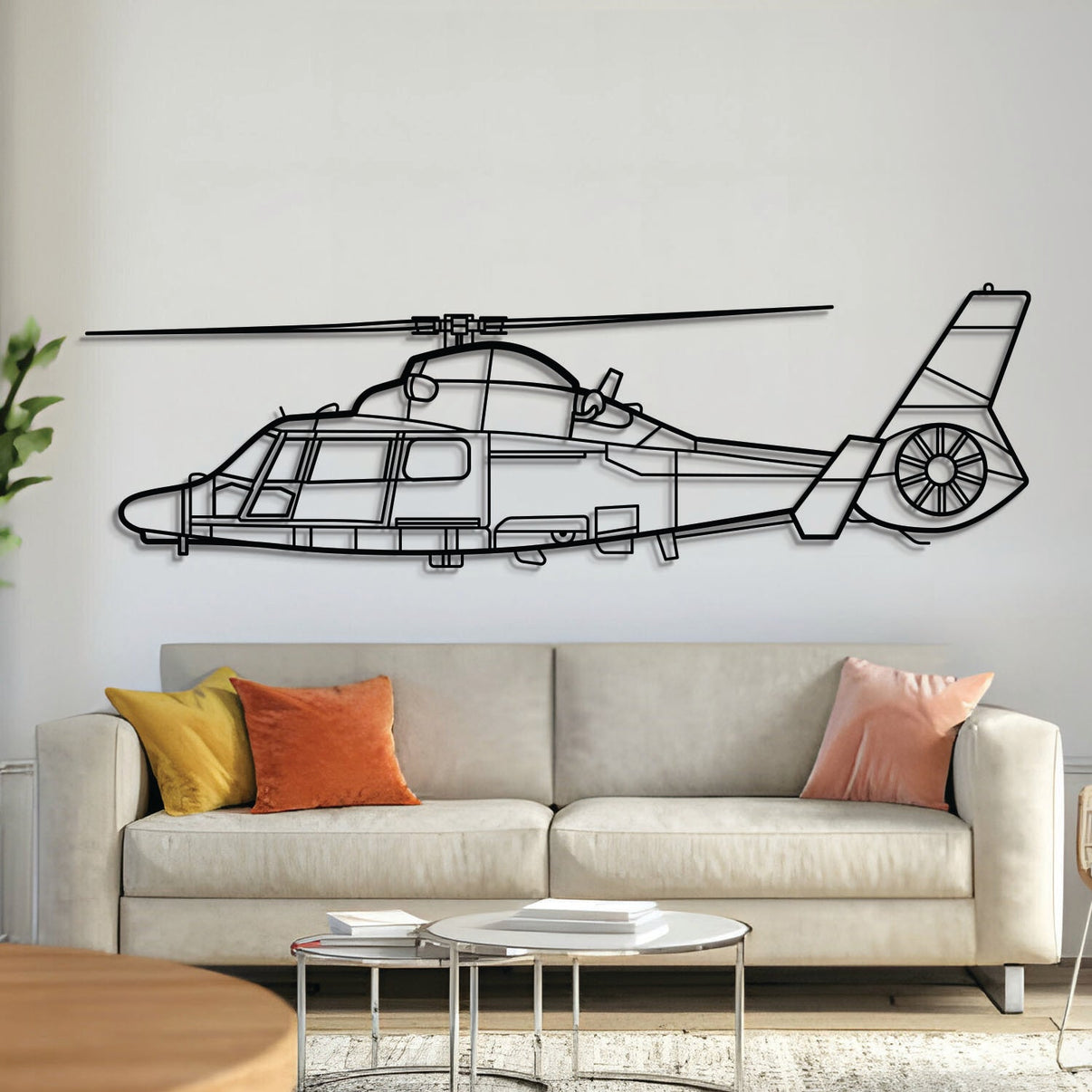 AS365 Dauphin helicopter front view metal wall art – laser-cut 2 mm steel, textured & matte powder-coated, ready to hang