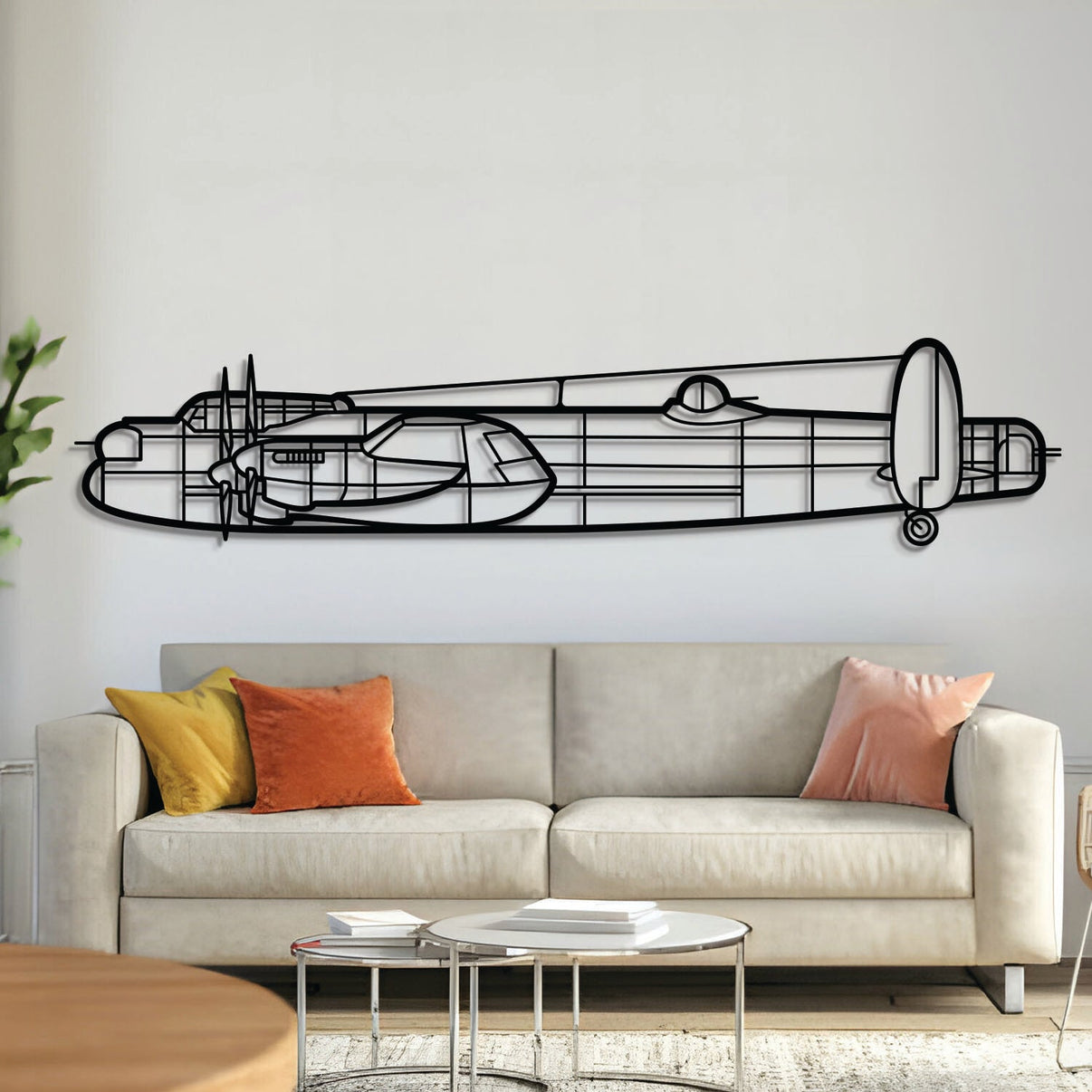 Avro Lancaster WWII bomber metal wall art – laser-cut matte black steel silhouette featuring four-engine bomber profile