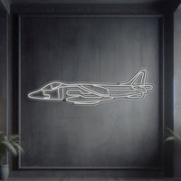 Harrier GR7 V/STOL jump jet neon silhouette wall art, laser‑cut steel with glowing neon outline and dynamic 3D elevation