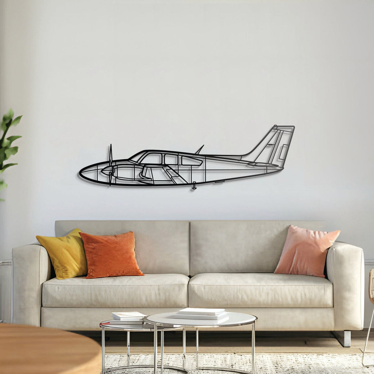 Beechcraft 95‑B55 Baron twin‑engine aircraft metal wall art – laser‑cut matte black steel silhouette with floating 3D effect