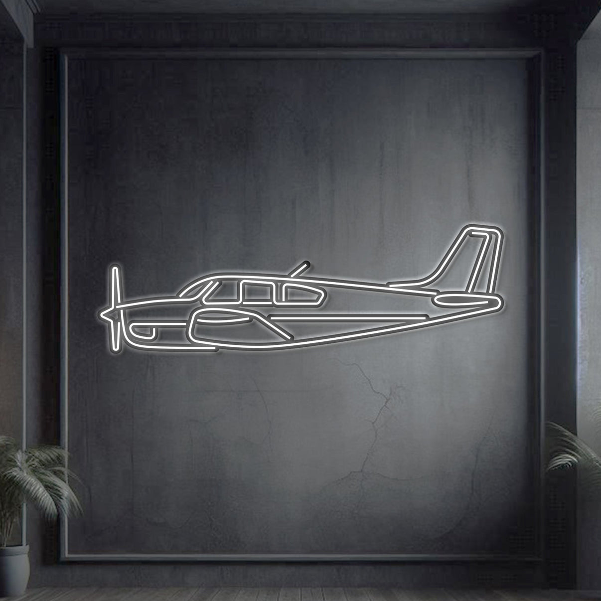 Beechcraft Bonanza F33A sleek side-profile neon silhouette wall art, laser-cut steel with retractable gear outline and sculptural 3D neon elevation
