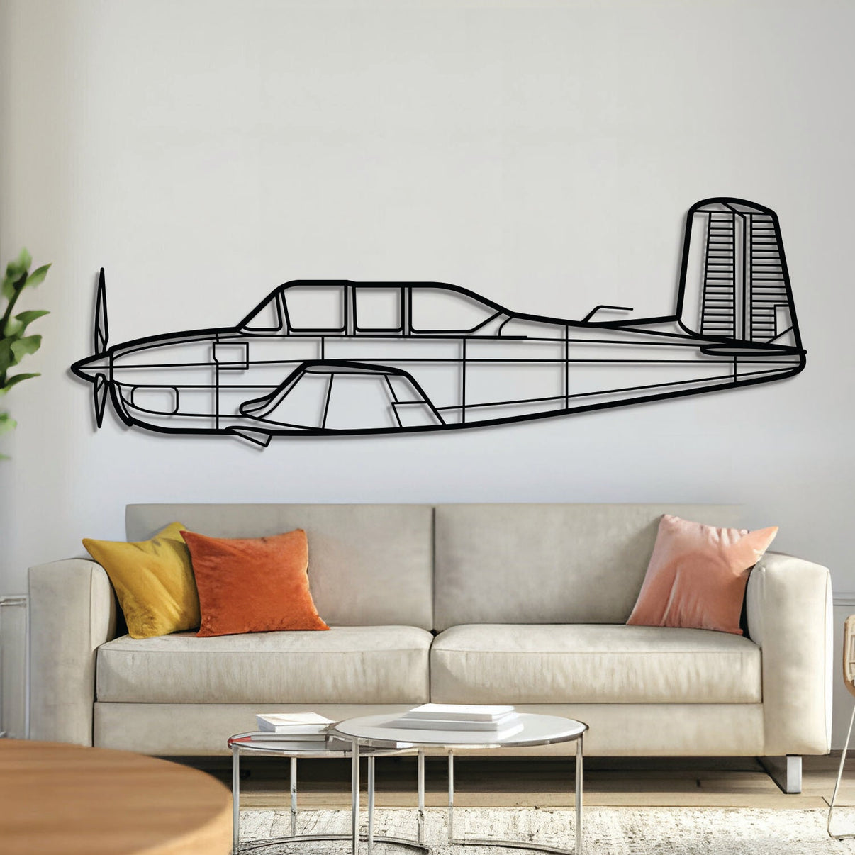 T‑34A Mentor military trainer aircraft wall art, laser‑cut 2 mm textured steel with matte finish