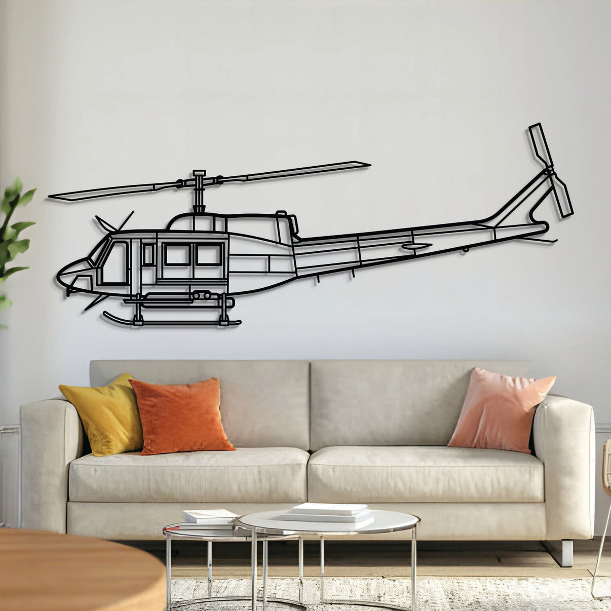 Bell 212 metal aircraft wall art, laser-cut 2 mm steel with matte powder-coated texture