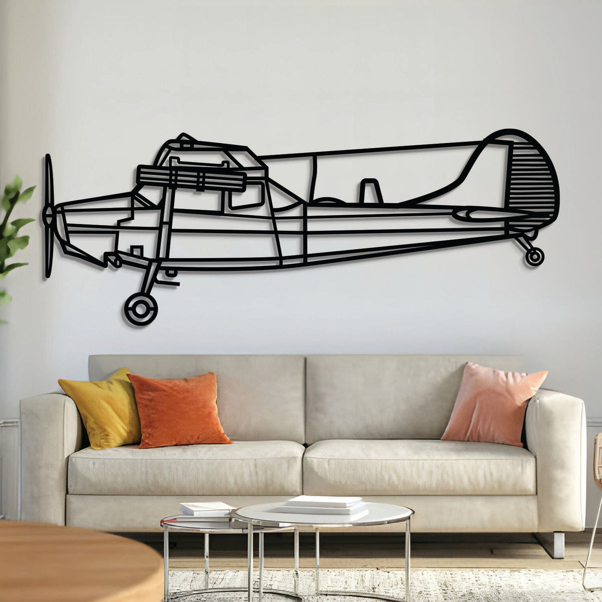 Cessna Bird Dog L‑19/O‑1E liaison aircraft silhouette wall art, laser‑cut 2 mm steel with textured matte finish and 3D elevation