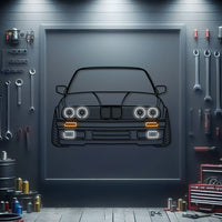 BMW E30 front view neon metal wall art – laser-cut 3 mm steel with matte powder-coat finish