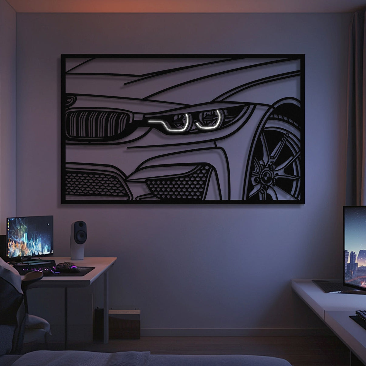 BMW F82 M4 front view metal neon frame wall art