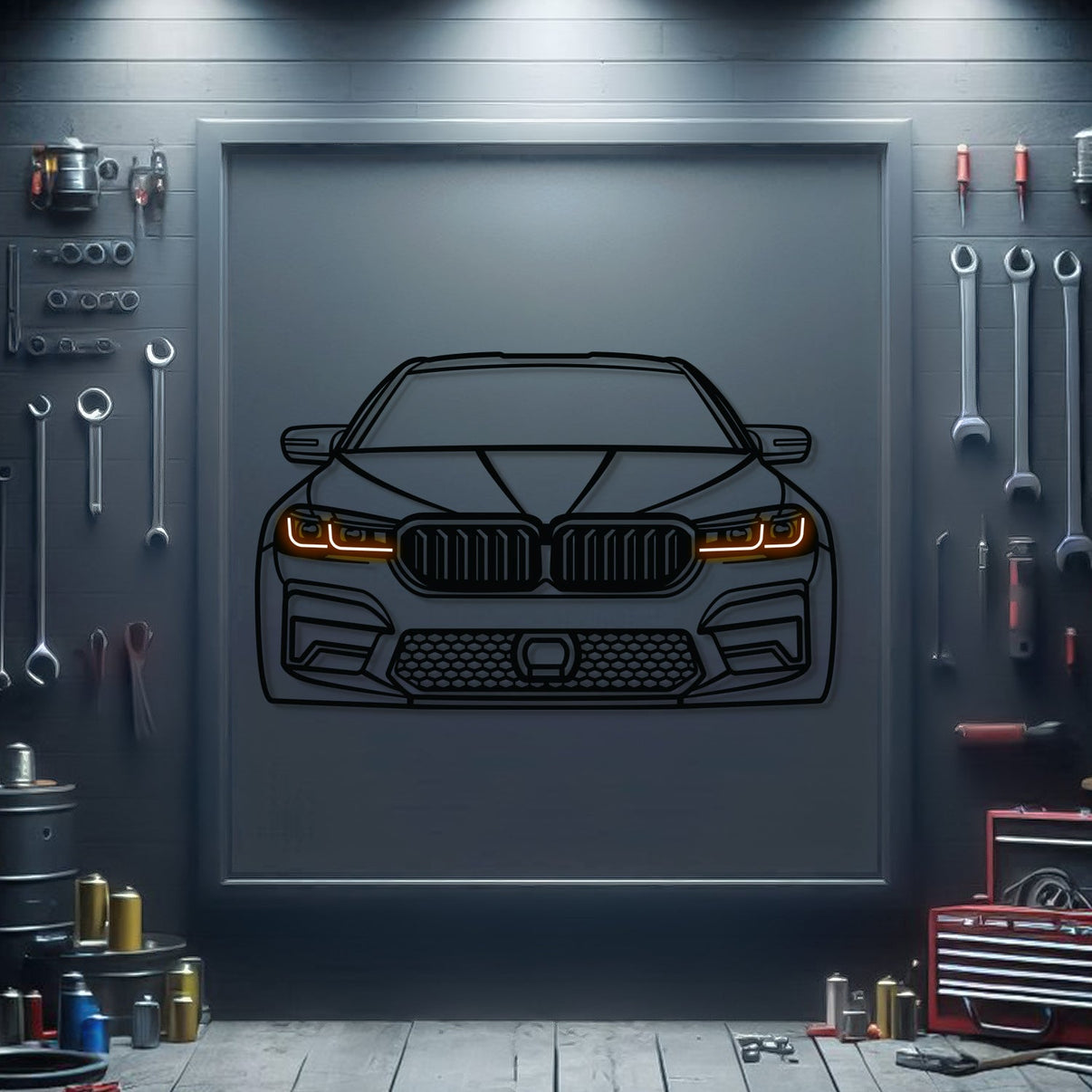 2021 BMW M5 CS front view metal neon car wall art – laser-cut steel décor for ultra-exclusive super-sedan fans