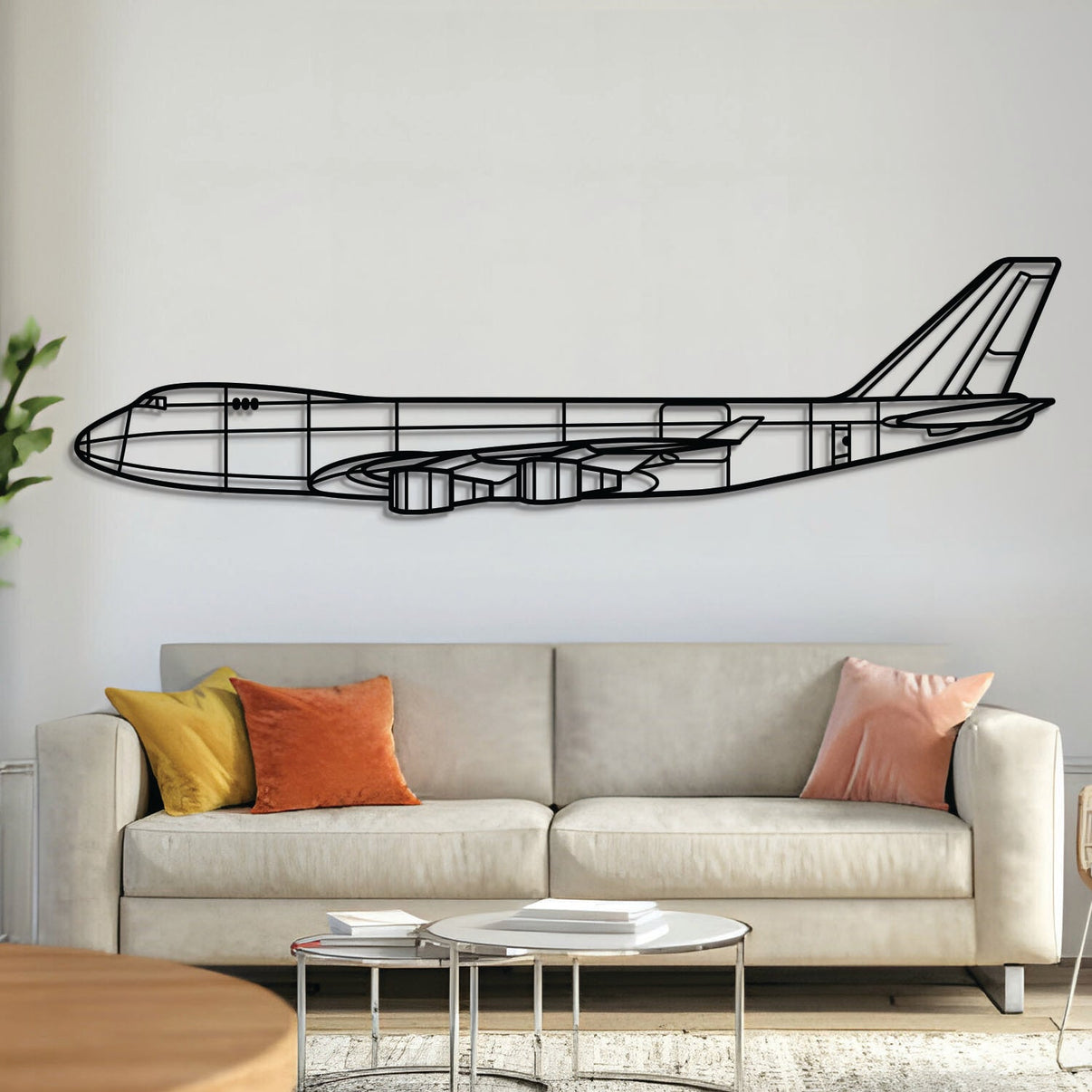 Boeing 747-400F freighter silhouette — laser-cut black metal wall art with floating effect