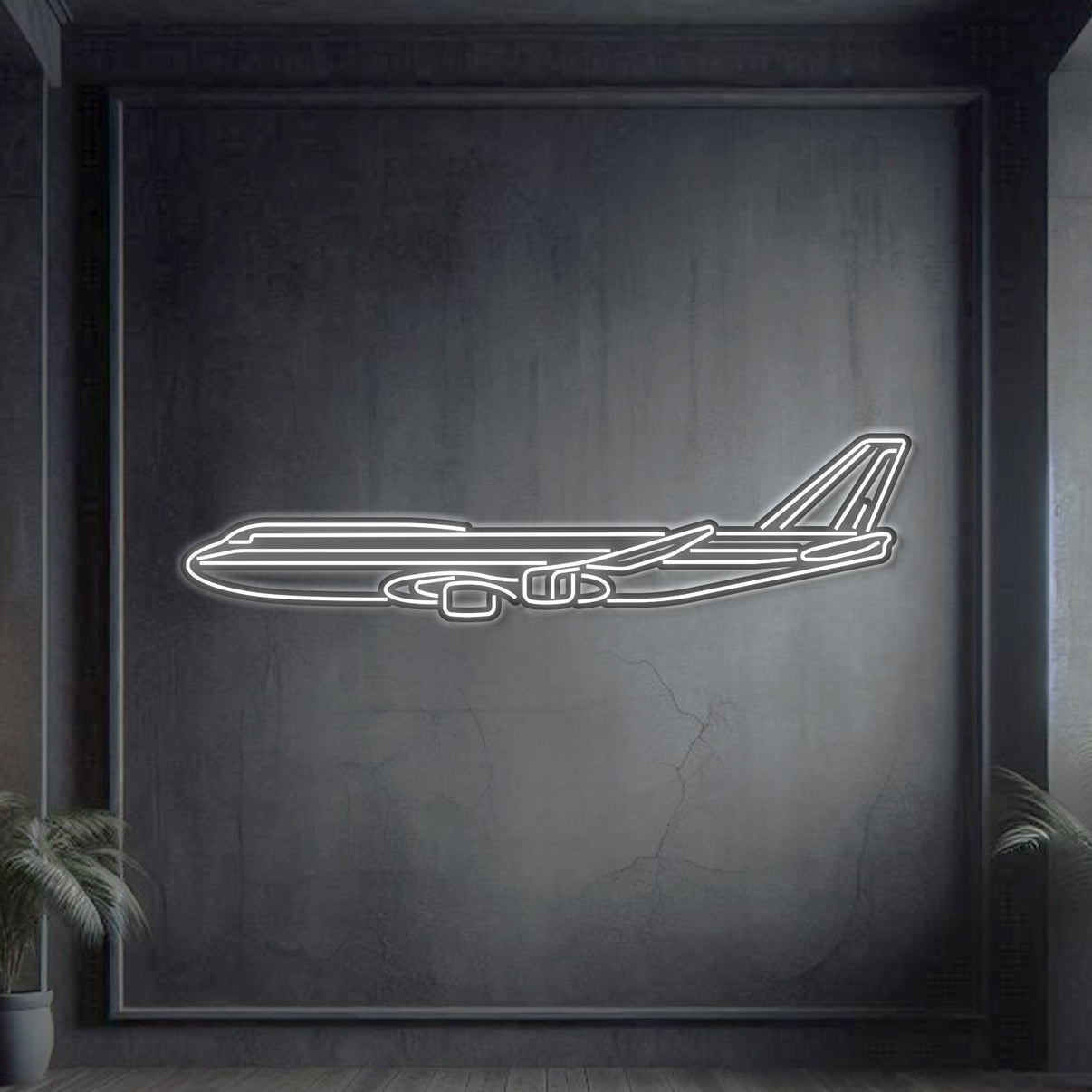 747-8 neon aircraft wall art, laser-cut 2 mm steel with matte powder coat and floating 3D effect