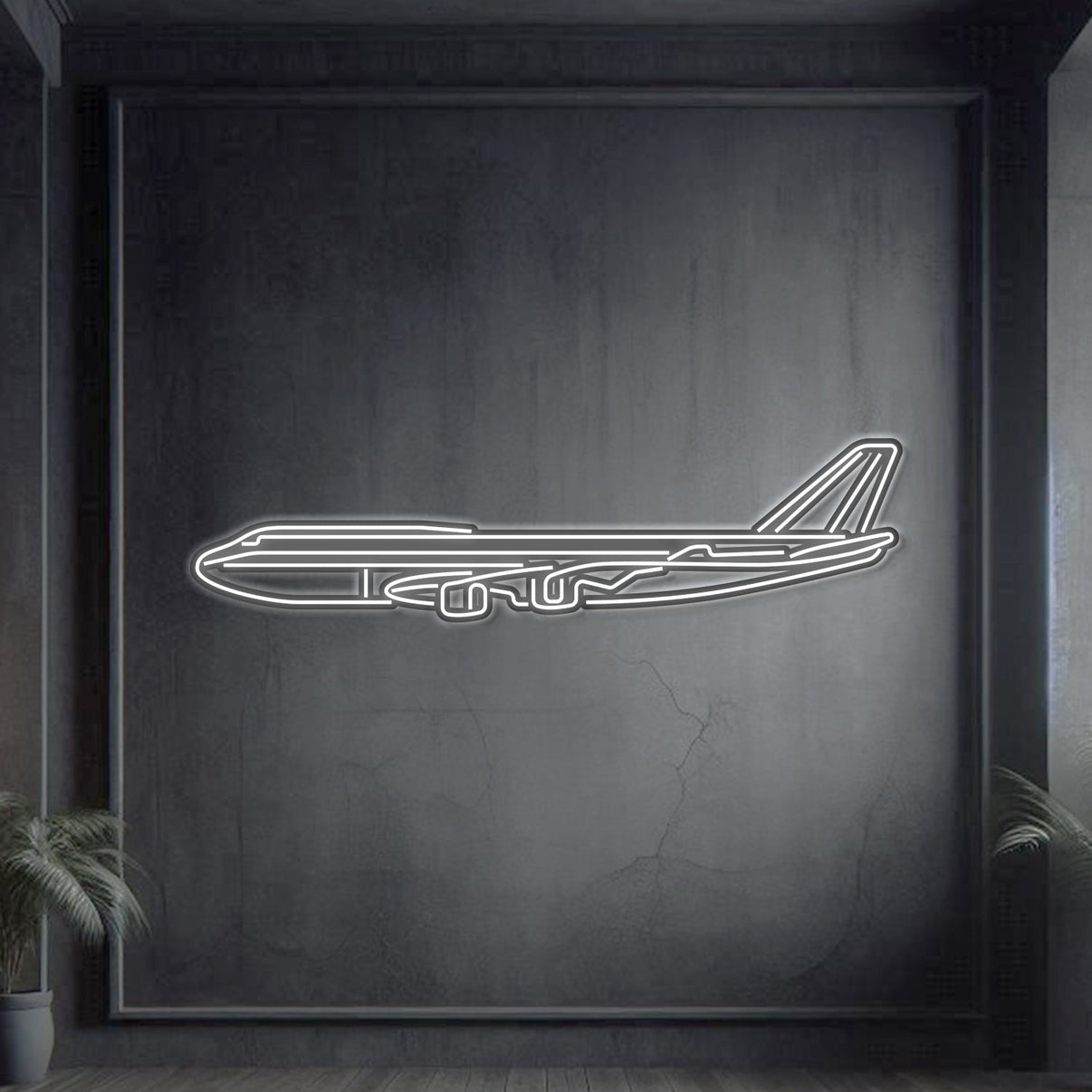747-800 metal neon wall art, laser-cut 2 mm steel with matte powder coat and floating 3D effect