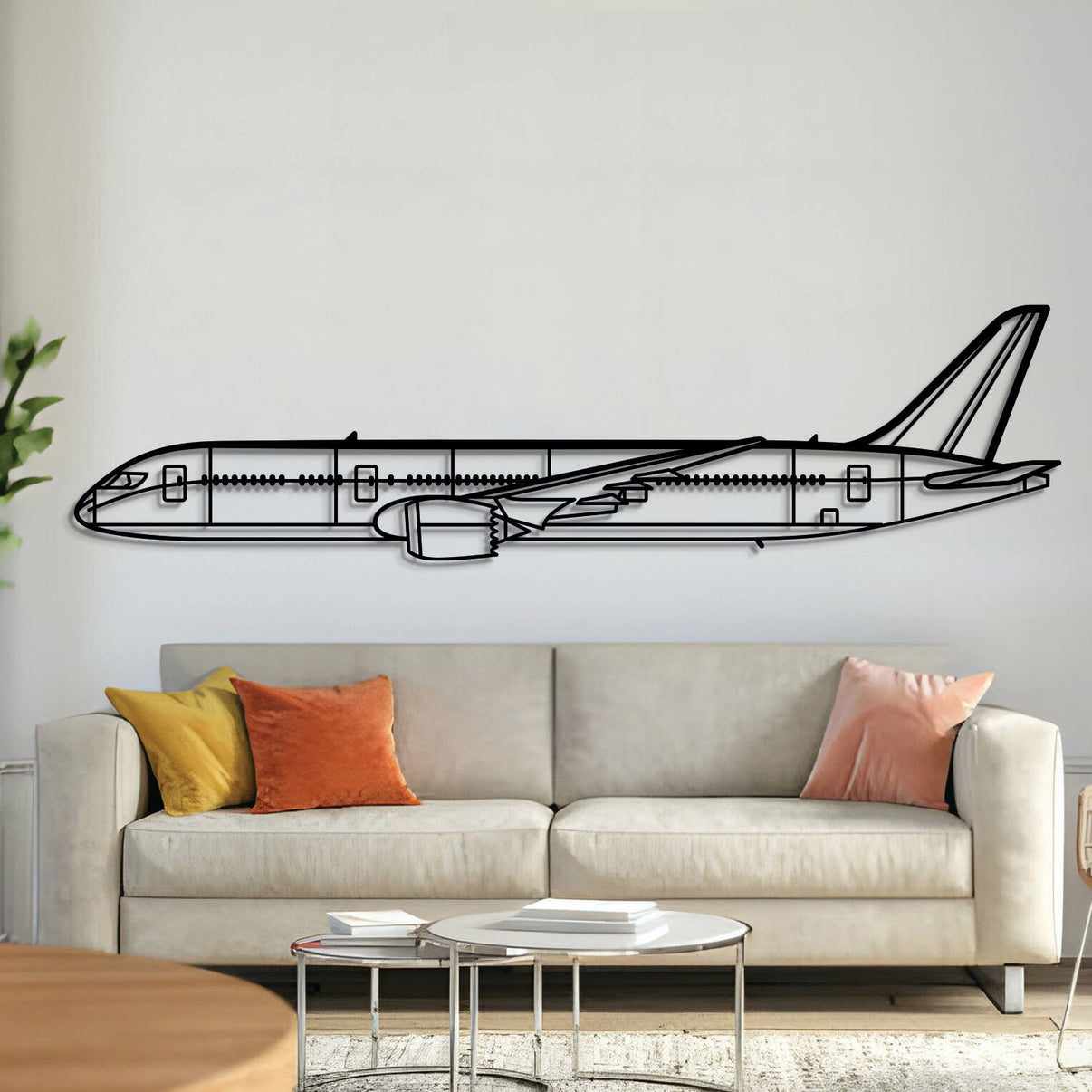 Boeing 787 Dreamliner silhouette — laser-cut black metal wall art, floating effect