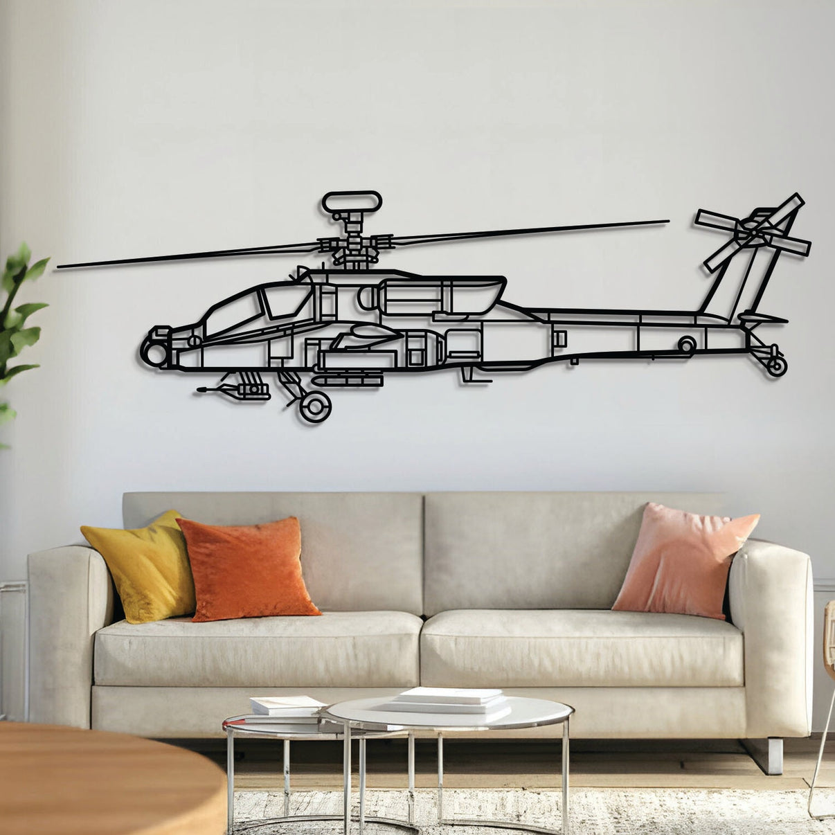 AH-64D Apache attack helicopter silhouette — laser-cut black metal wall art with subtle floating effect