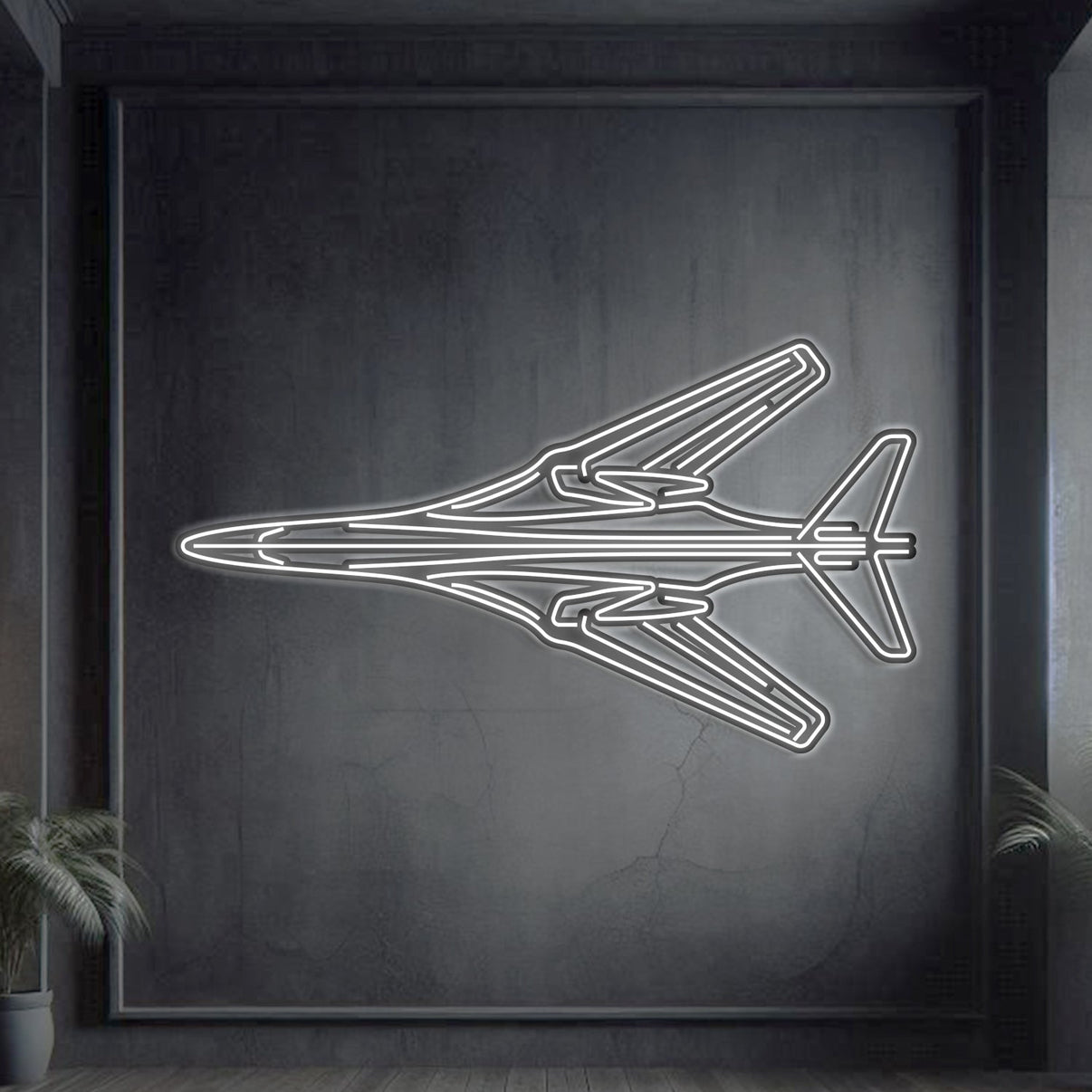 B-1B Lancer laser-cut 2 mm steel neon wall art with matte powder coat and 3D effect