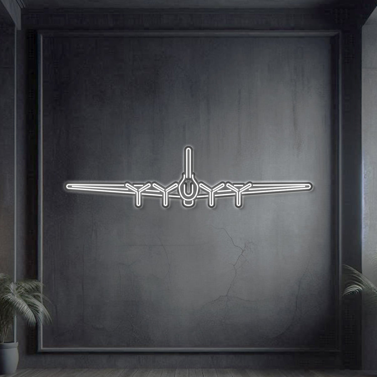B‑17 Flying Fortress front-view neon silhouette wall art, laser‑cut steel showcasing powerful quad-engine bomber profile with glowing neon outline and dramatic 3D relief