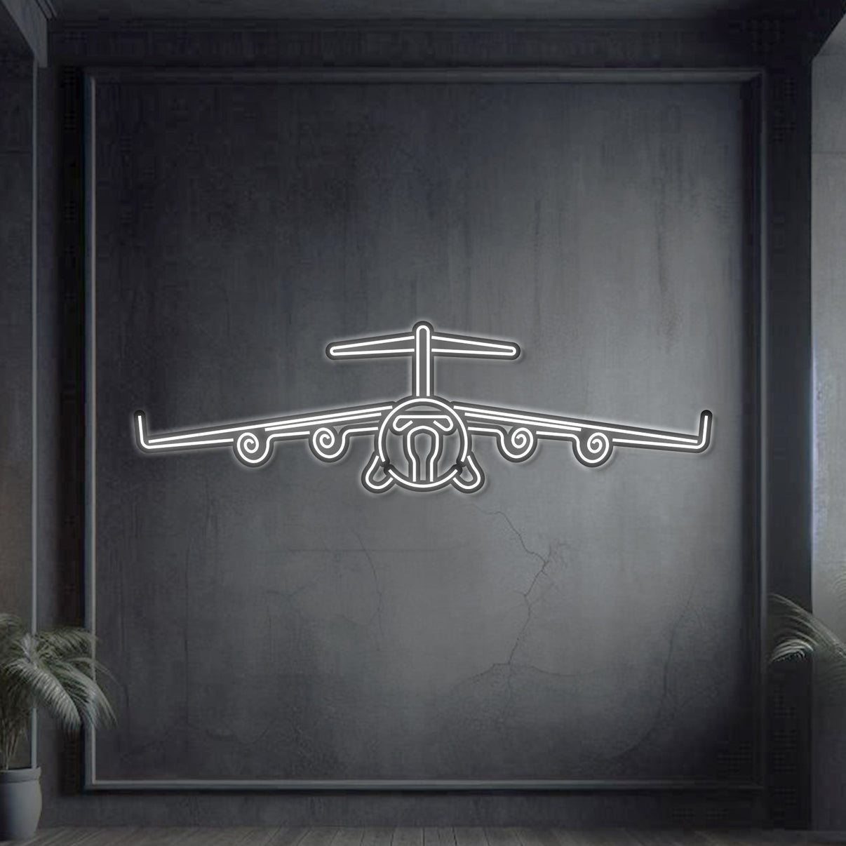 C‑17 Globemaster III front-view neon silhouette wall art, laser-cut steel showcasing broad high-wing stance, four turbofan engines, and glowing neon outline with sculptural 3D elevation