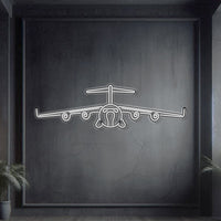 C‑17 Globemaster III front-view neon silhouette wall art, laser-cut steel showcasing broad high-wing stance, four turbofan engines, and glowing neon outline with sculptural 3D elevation