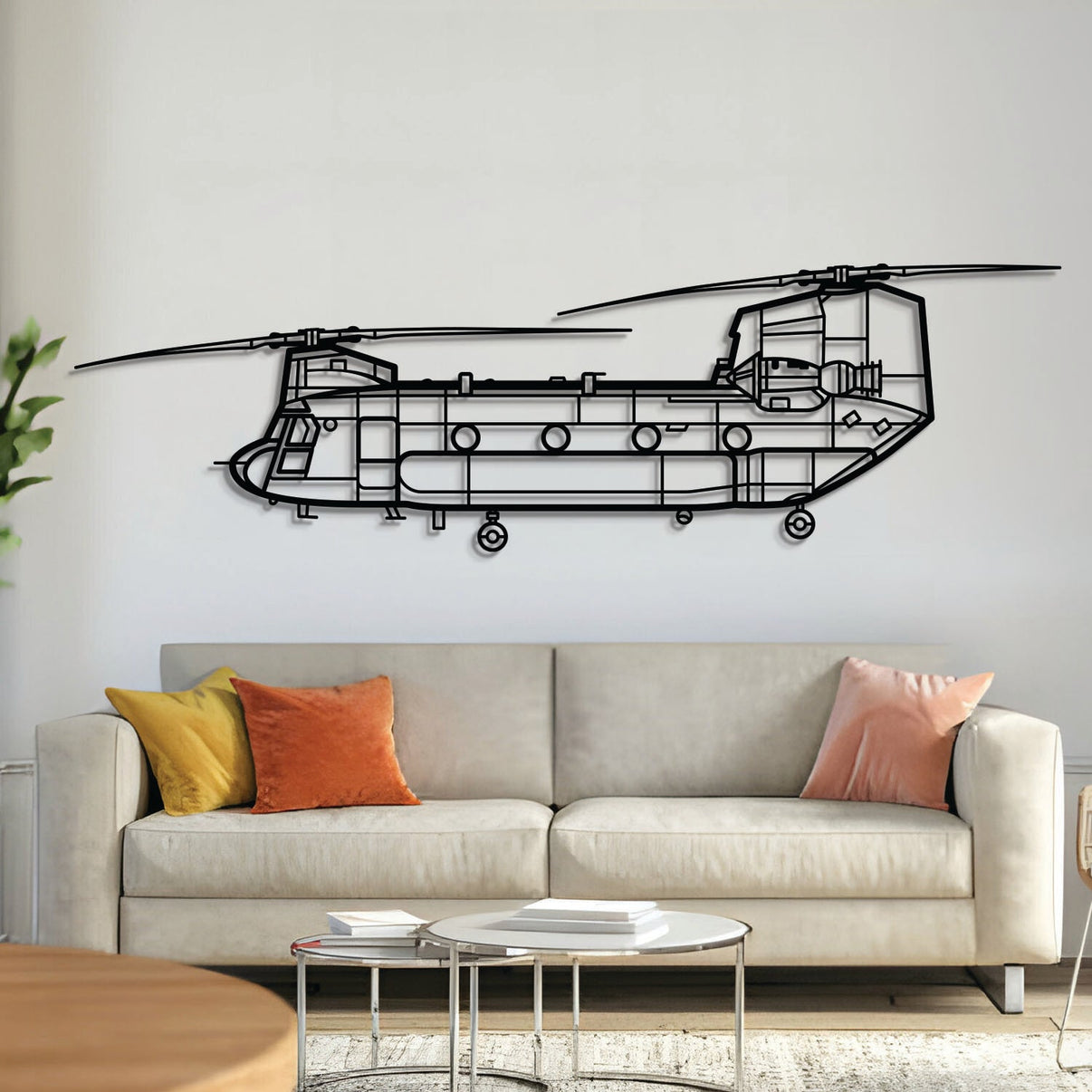 Boeing CH‑47 Chinook tandem‑rotor helicopter silhouette — laser‑cut black steel wall art with floating 3D effect