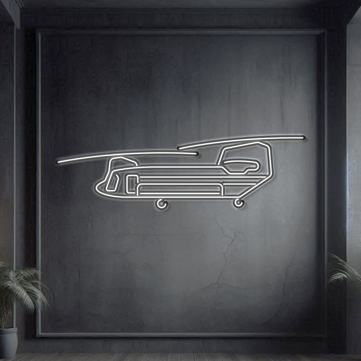CH‑47 Chinook twin‑rotor heavy‑lift helicopter neon silhouette wall art, laser‑cut steel with bold tandem rotor profile and sculptural 3D elevation