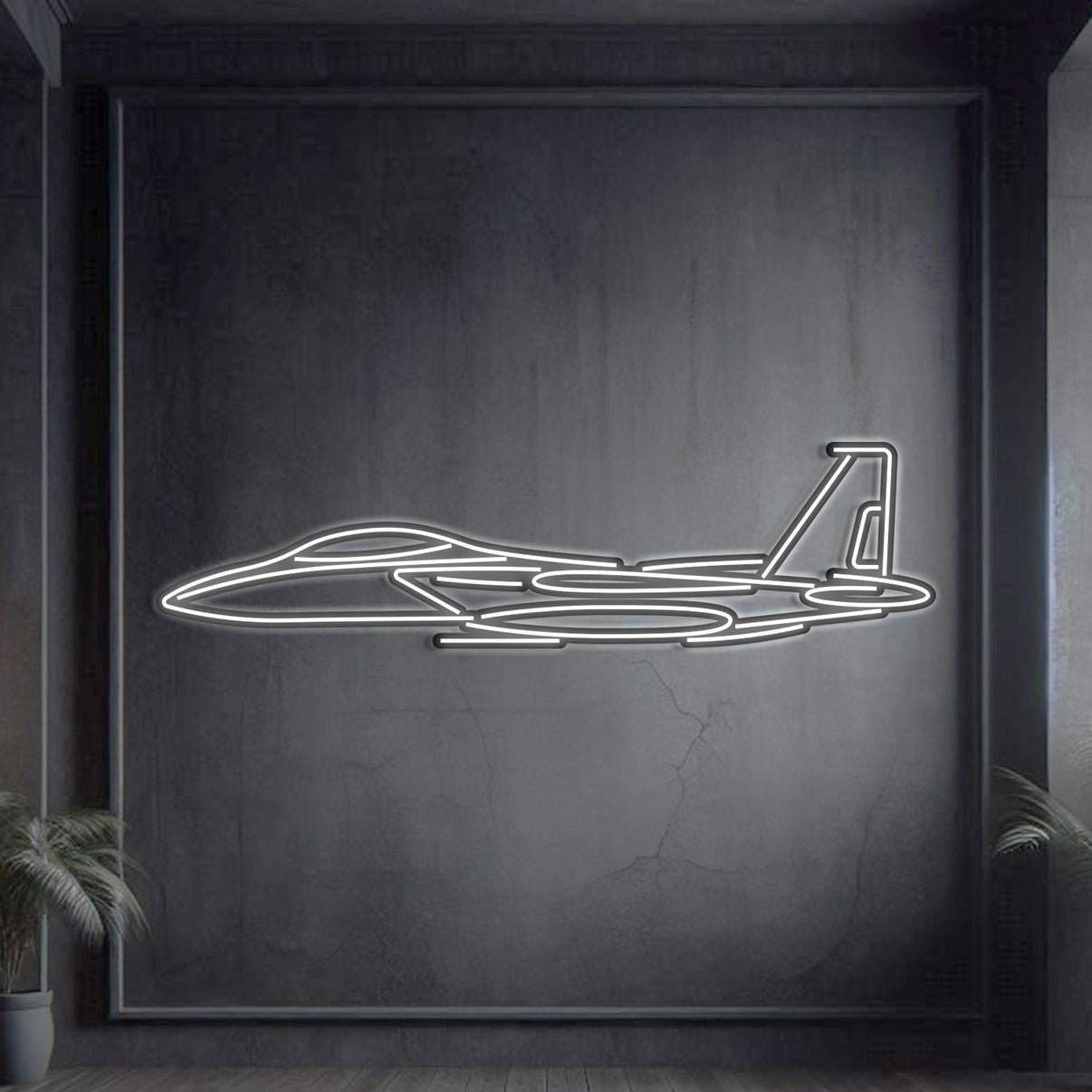F‑15 Strike Eagle angled neon silhouette wall art, laser‑cut steel with glowing neon outline and bold 3D elevation
