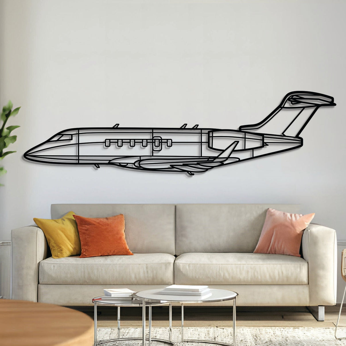 Bombardier Challenger 350 business jet silhouette — laser-cut matte-black steel wall art with a 3D floating effect
