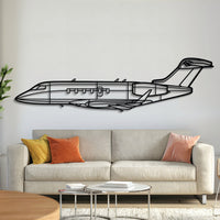 Bombardier Challenger 350 business jet silhouette — laser-cut matte-black steel wall art with a 3D floating effect