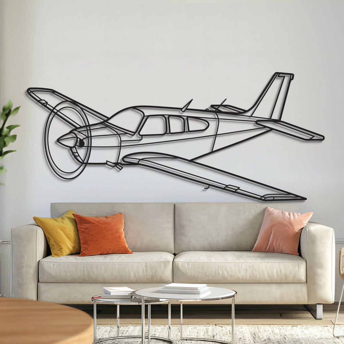 Bonanza F33C aerobatic aircraft angle metal wall art – laser‑cut 2 mm steel with textured matte finish and 3D elevation screws