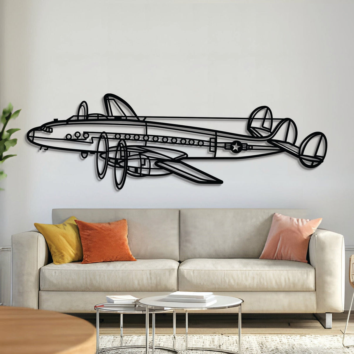 Lockheed C‑121A Constellation angle‑view metal aircraft wall art, laser‑cut 2 mm steel with matte textured finish and 3D elevation
