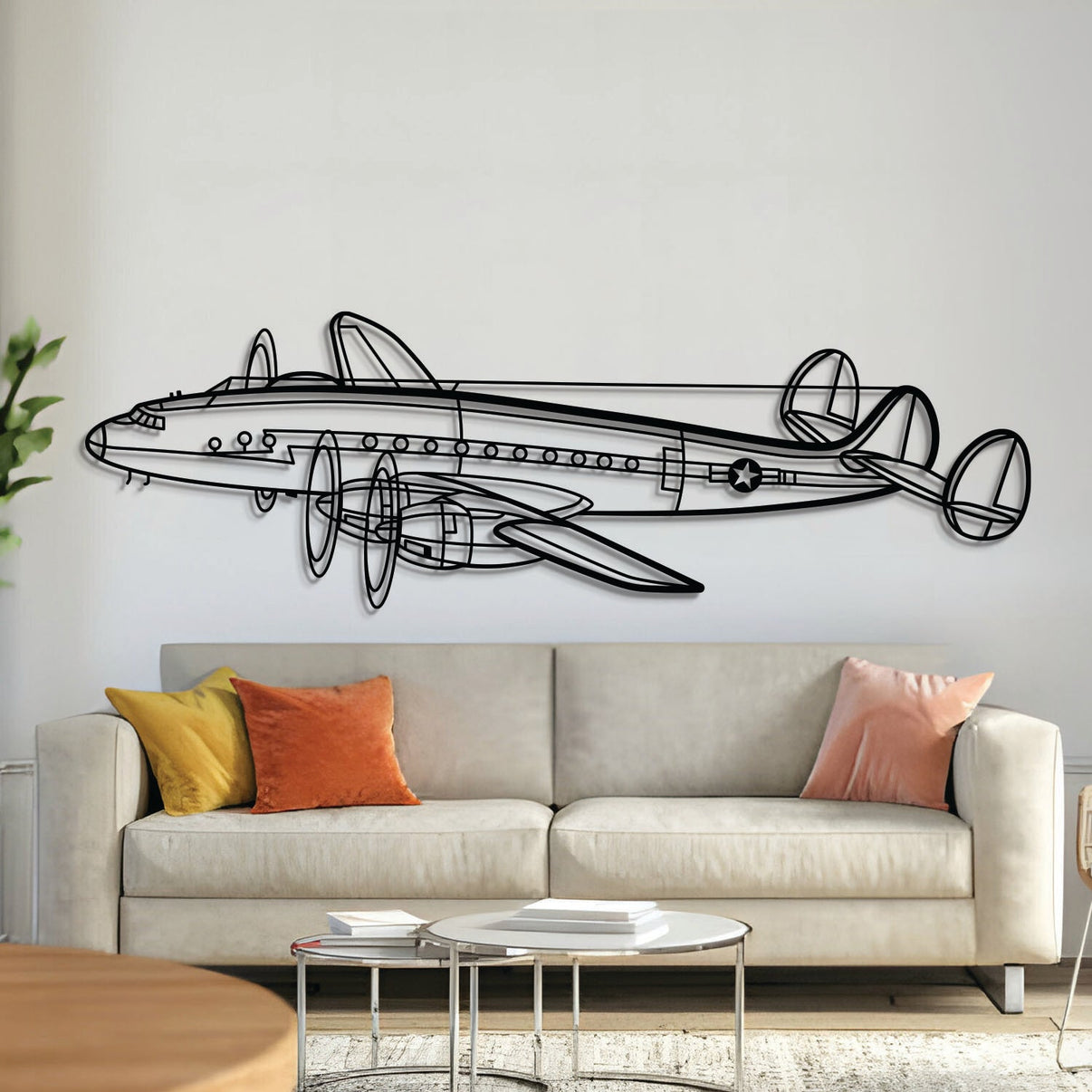 C‑121A Constellation metal aircraft wall art in 2 mm laser-cut steel with matte powder-coated textured finish and 3D elevation screws