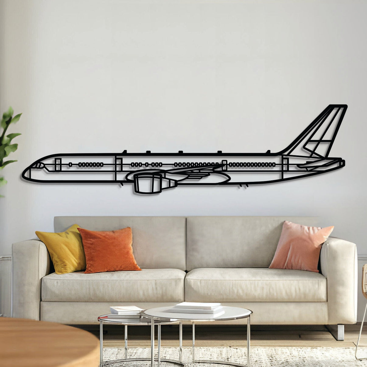 Boeing C‑32 executive transport jet silhouette wall art, laser‑cut 2 mm steel with matte textured finish and 3D elevation