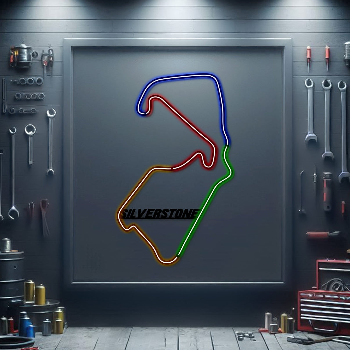 Silverstone Metal Neon Race Track wall art – laser‑cut steel décor for iconic British Formula 1 circuit enthusiasts