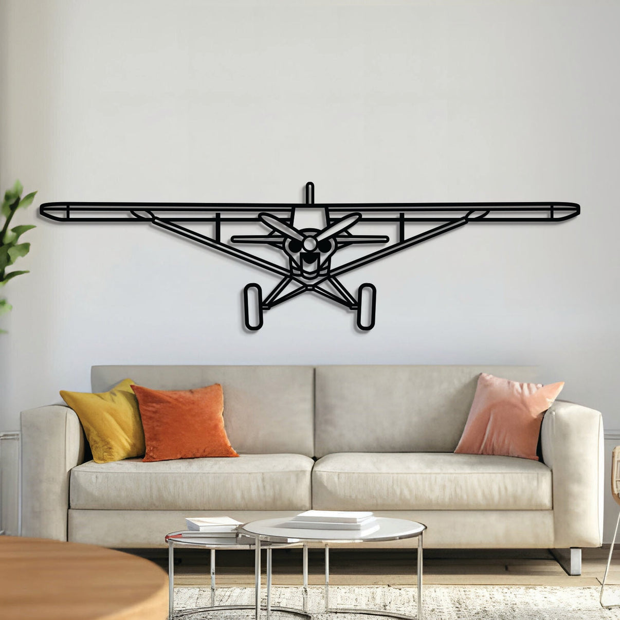 Carbon Cub front-view metal aircraft wall art, laser‑cut 2 mm steel with matte powder-coated finish and 3D elevation
