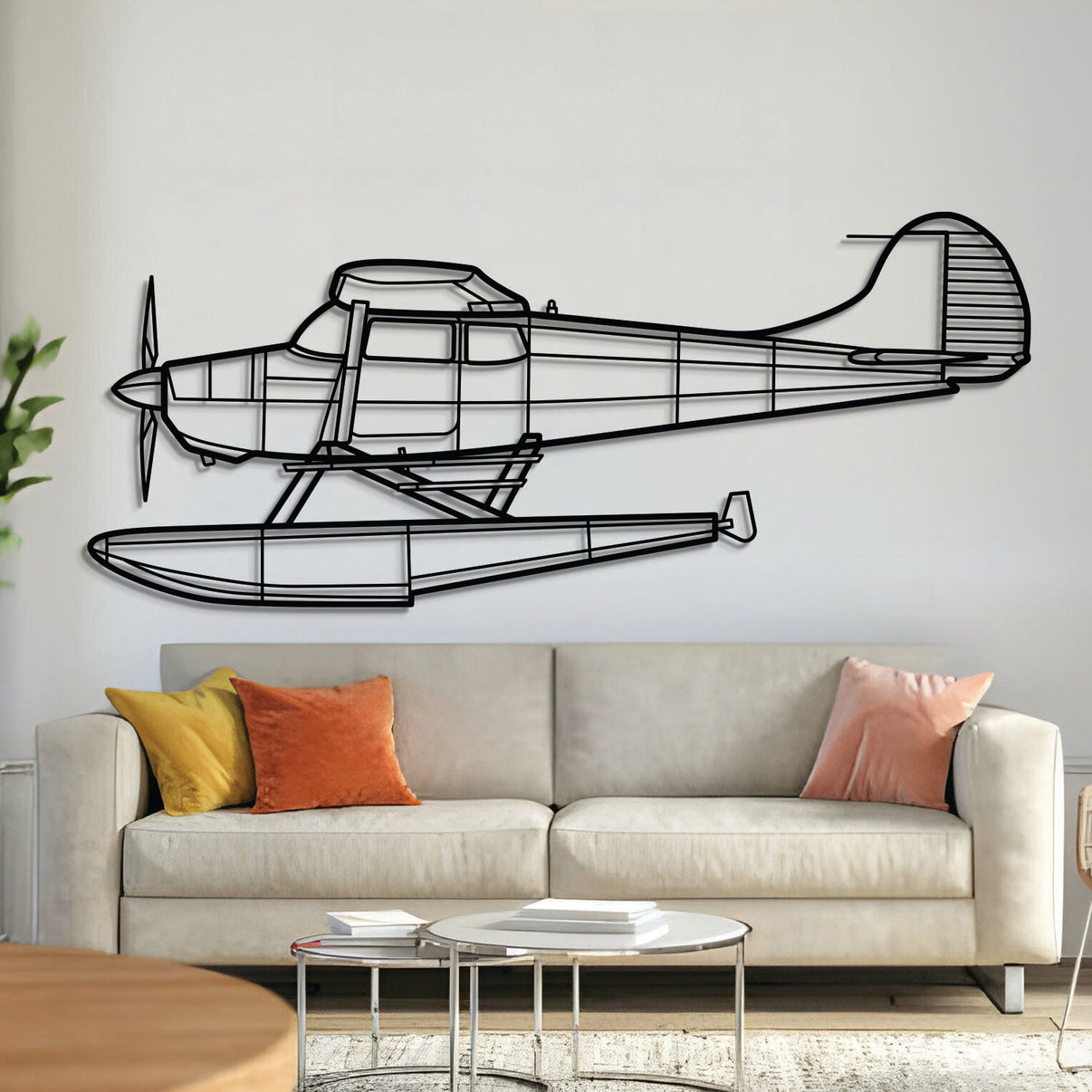 Cessna 170B floatplane silhouette wall art, laser-cut 2 mm textured steel with matte finish