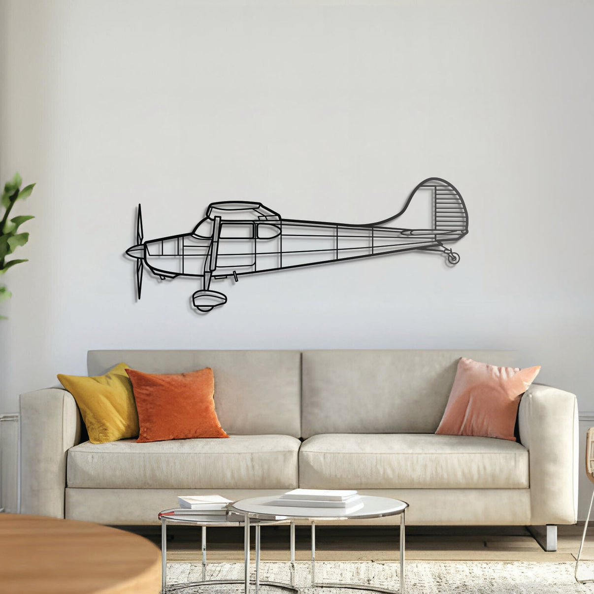 Cessna 170B high-wing taildragger aircraft metal wall art – laser-cut matte black steel silhouette with floating 3D effect