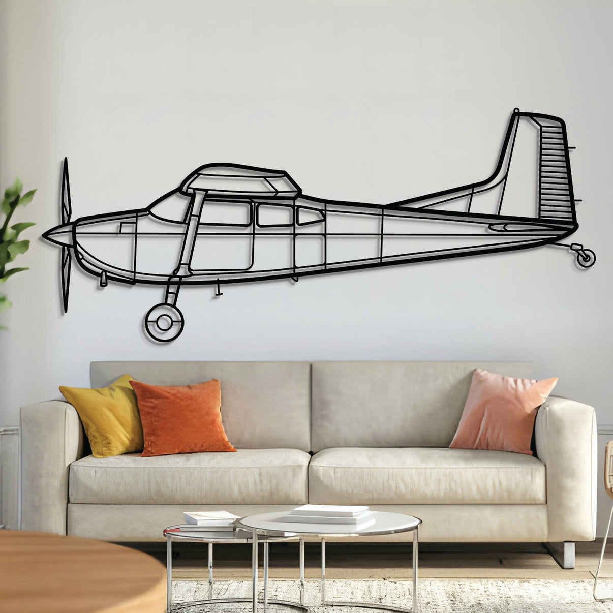 Cessna 180K Skywagon taildragger aircraft metal wall art – laser-cut matte black steel silhouette with 3D floating effect