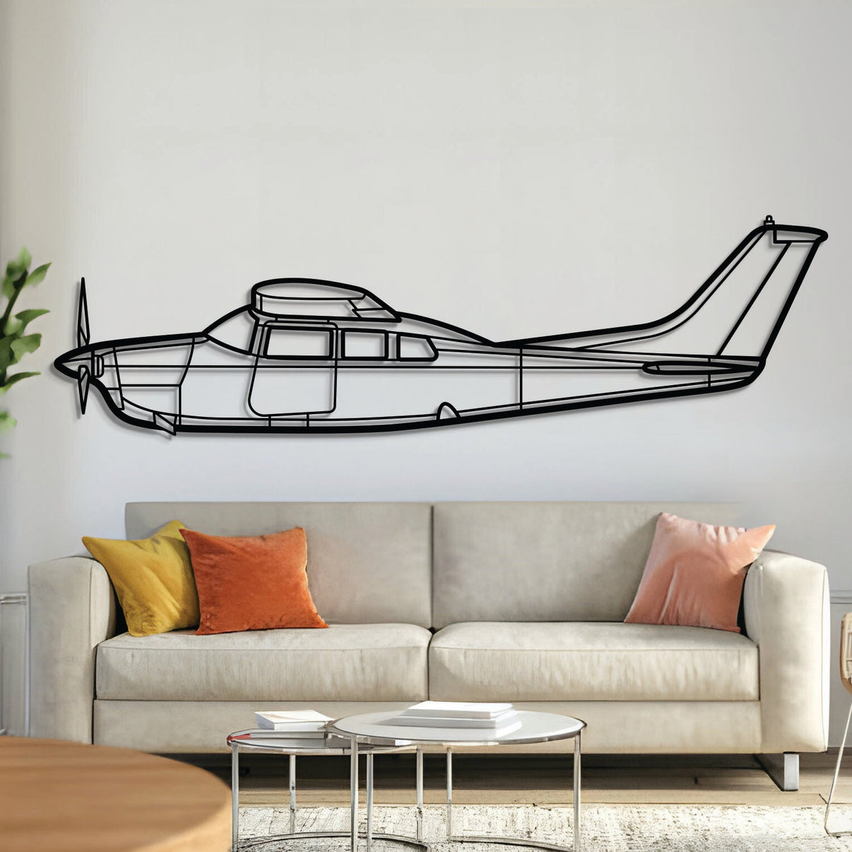 Cessna 210 Centurion high‑wing single‑engine aircraft metal wall art – laser‑cut matte black steel silhouette