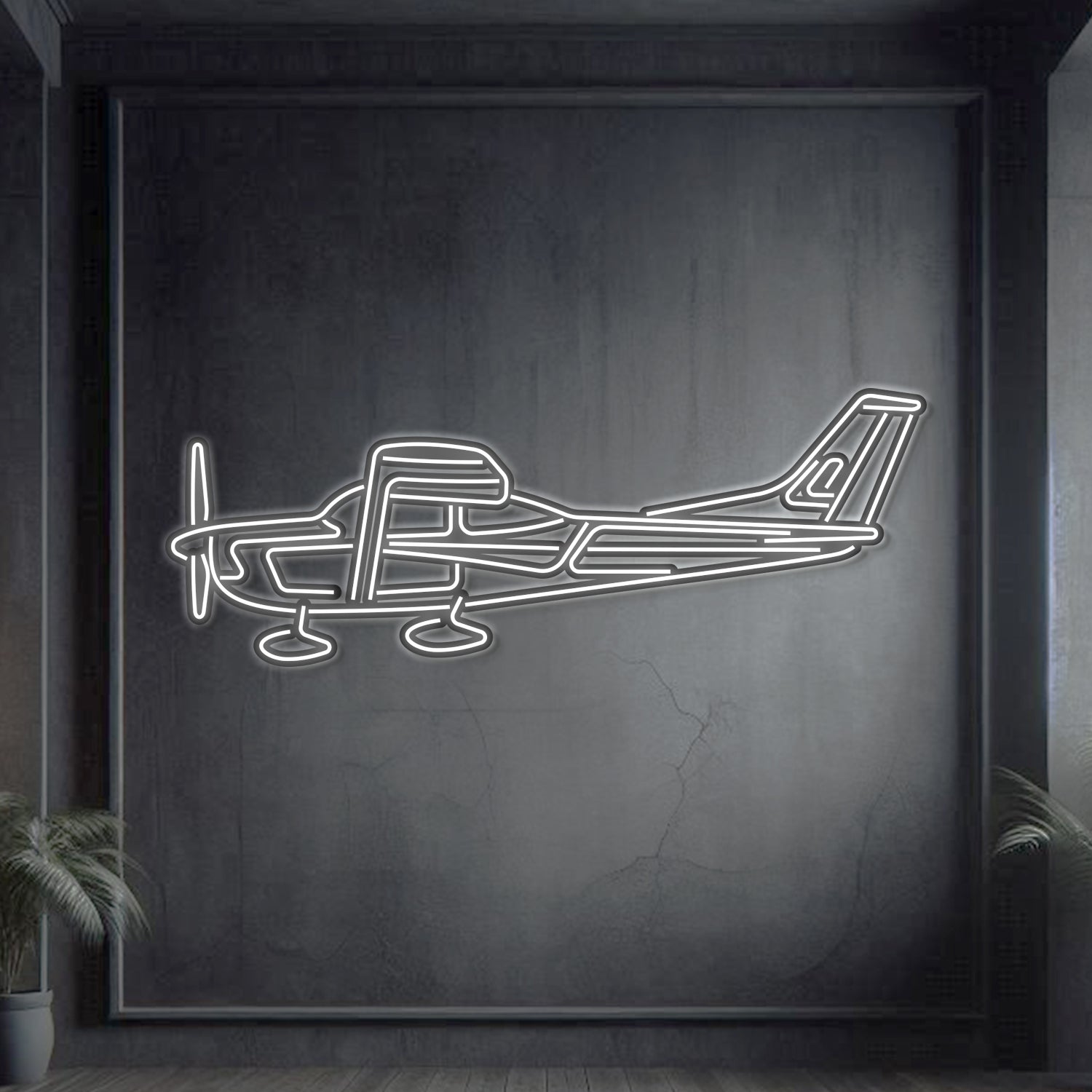Cessna 182 Skylane single‑engine light aircraft neon silhouette wall art, laser‑cut steel with glowing neon outline and sculptural 3D elevation