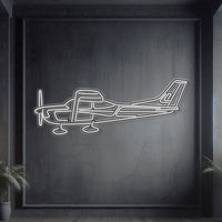 Cessna 182 Skylane single‑engine light aircraft neon silhouette wall art, laser‑cut steel with glowing neon outline and sculptural 3D elevation