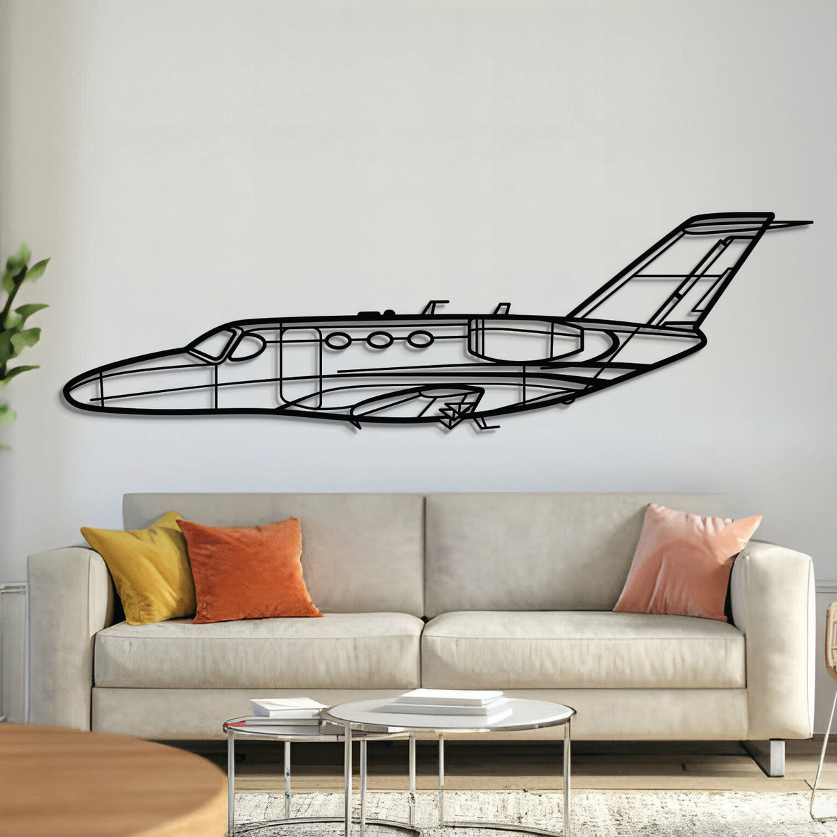 Cessna Citation Mustang light jet silhouette — laser-cut textured matte-black steel wall art with 3D floating effect
